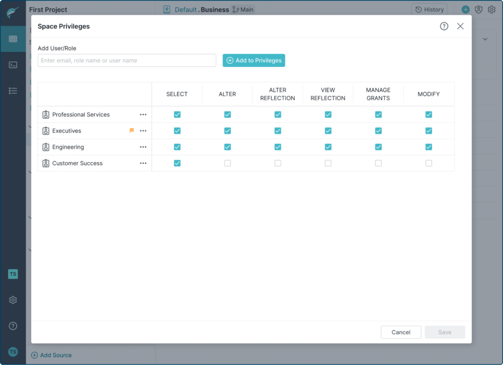 screenshot of space privileges check list  