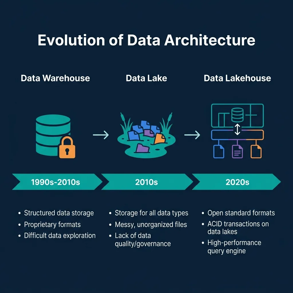 The evolution of data architecture in three eras: the 1990s to 2010s warehouse with structured proprietary storage, the 2010s data lake holding all data types but messy and ungoverned, and the 2020s lakehouse with open formats and ACID transactions