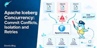 Three clients each sending a commit to an Apache Iceberg table. Client B hits a conflict and is routed into a retry loop, while the table keeps each writer in its own isolated transaction.