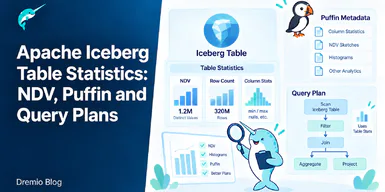 An Iceberg table carrying NDV, row count and column statistics, with Puffin metadata files holding column statistics, NDV sketches and histograms, feeding a query plan that scans, filters, joins, aggregates and projects.