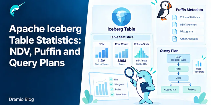 An Iceberg table carrying NDV, row count and column statistics, with Puffin metadata files holding column statistics, NDV sketches and histograms, feeding a query plan that scans, filters, joins, aggregates and projects.
