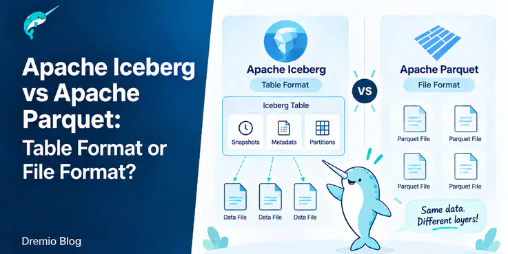 Apache Iceberg labelled a table format, its table holding snapshots, metadata and partitions and pointing to three data files, beside Apache Parquet labelled a file format and shown as four standalone Parquet files.